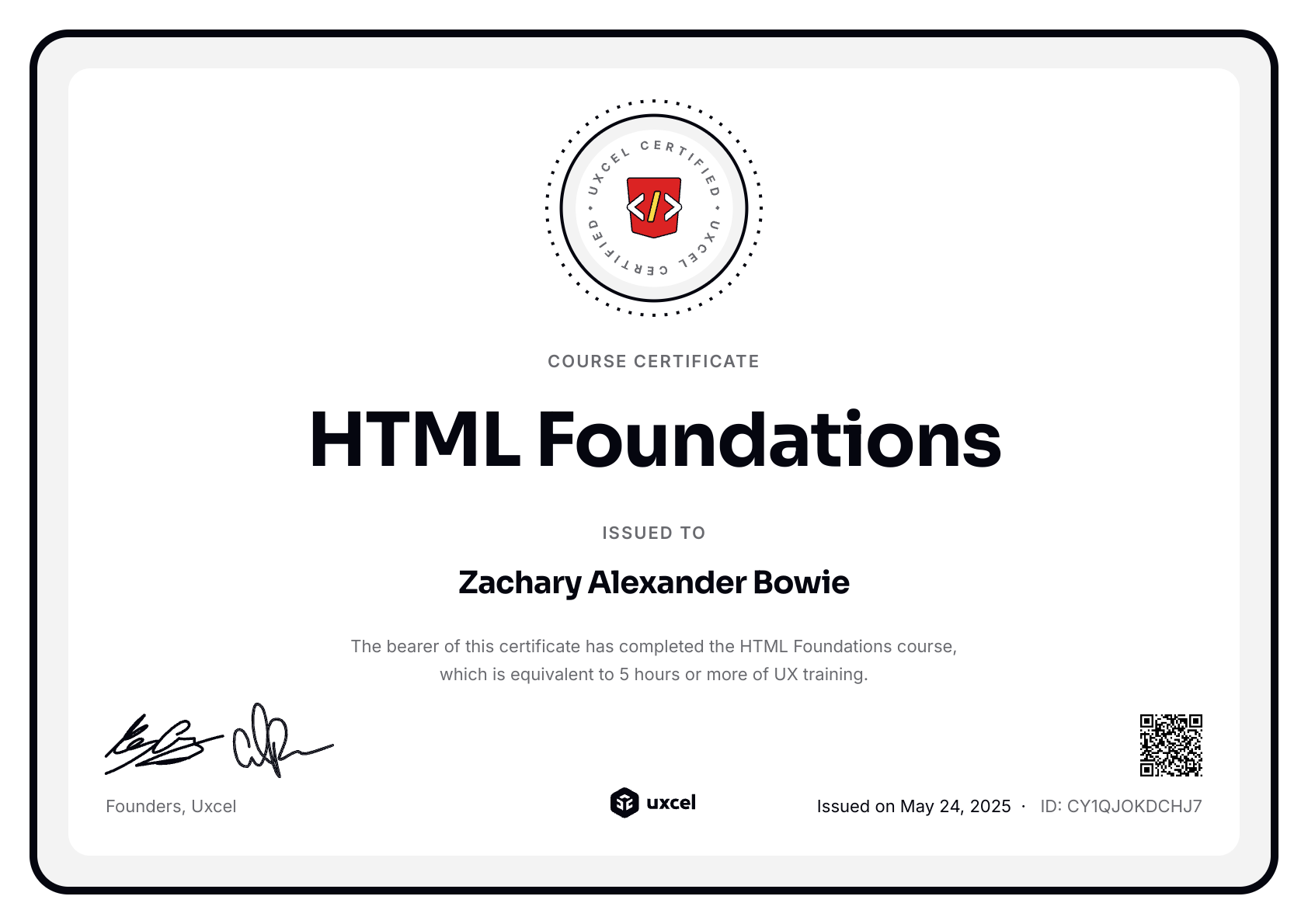 Zachary Alexander Bowie's certificate